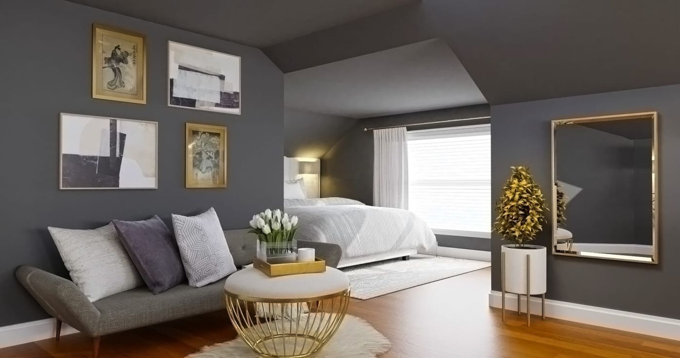 Open-plan living room with light gray walls