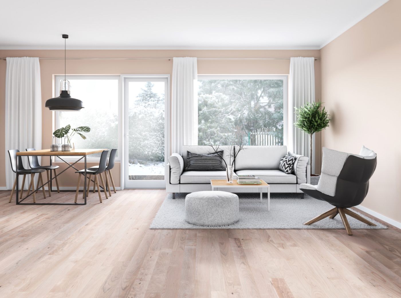Bright living room with soft gray walls