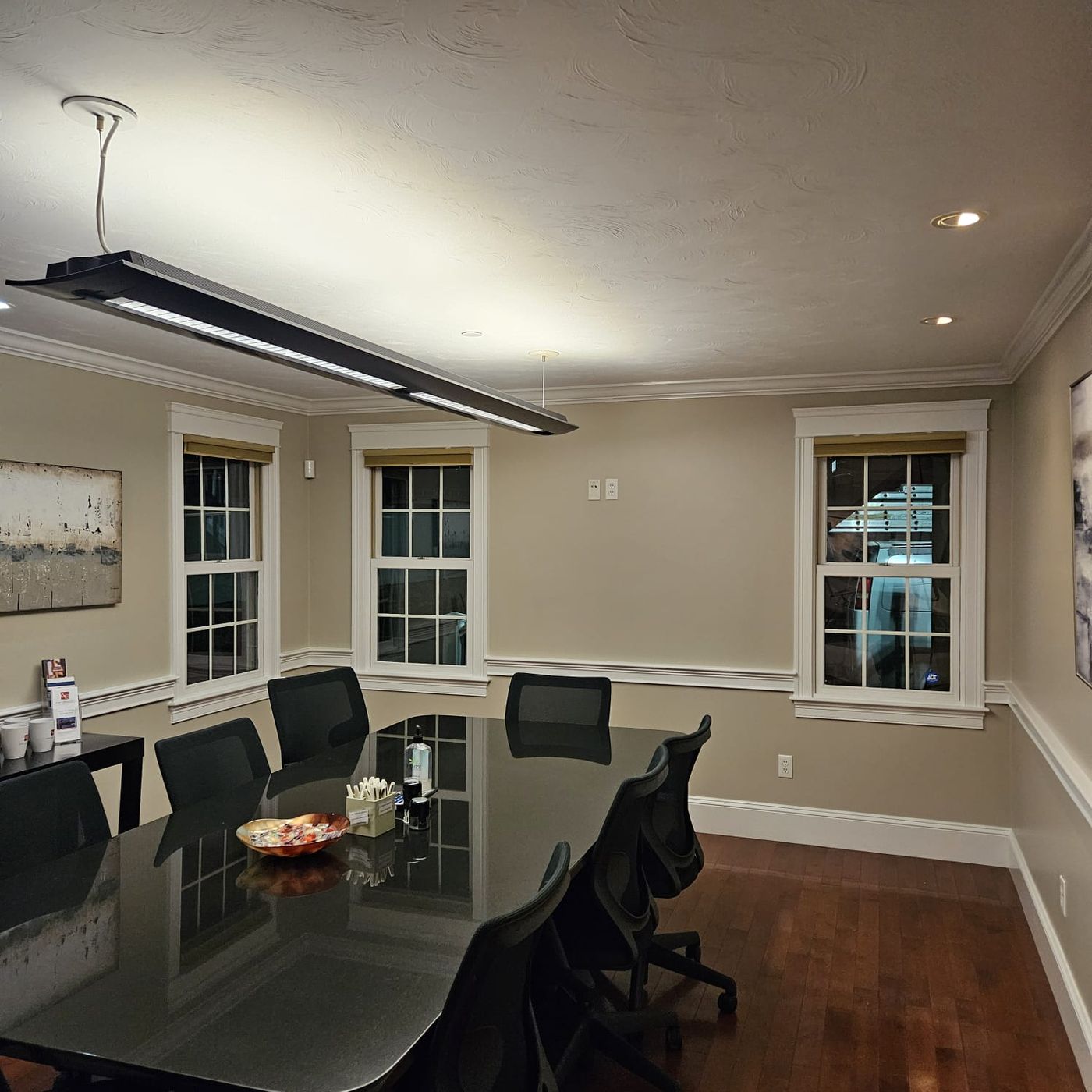 Home office painted light gray with white trim